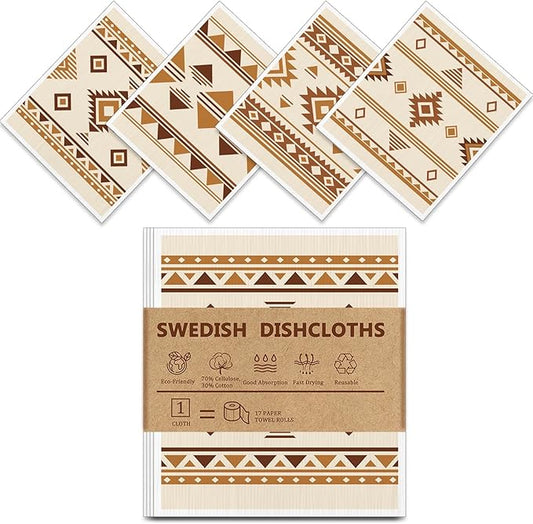 Swedish Dishcloths for Kitchen - 4 Pack Western Aztec Vintage Themed Reusable Paper Towels, Non-Scratch Cellulose Cloths, No Odor, Biodegradable Cleaning Cloths