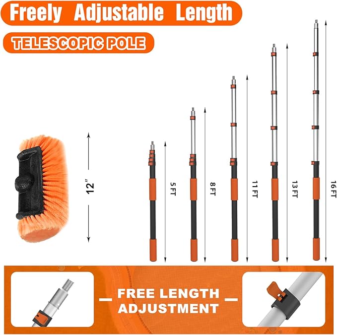 SISUPASSIE 16FT Car Wash Brush with Long Handle, Car Cleaning Brush Kit with Soft Bristle Brush, Solar Panel Cleaning Kit, Window Squeegee, Microfiber Mop, Wheel Brush, Mitt for Truck, RV, Boat