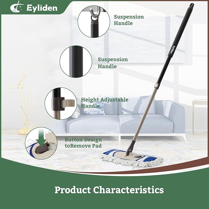Eyliden Dust Mop with Reusable Washable Pads - One-Touch Pad Release, Height Adjustable Handle, Total 2 Mop Cloths, Wet Dry Mops for Floor Cleaning, Hardwood, Laminate, Tile Floor Push Dust Broom