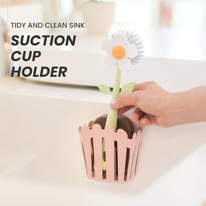 Vigar Florganic Kitchen Sink Caddy Organizer - Dish Sponge Holder with Flower Dish Brush, Suction Cup & Sponge for Kitchen Sink, Decorative Kitchen Sink Accessories Countertop Storage Set - Pink