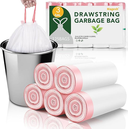 3 Gallon Trash Bag Drawstring - White Small Mini Garbage Bags For Bathroom Can 125 Count 12 Liter Unscented Plastic Tiny Little Waste Basket Liners Kitchen Car Office Strong Thick Magesh