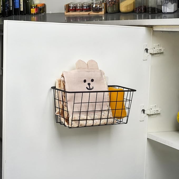 Toplife Kitchen Hanging Basket, No Drilling Cabinet Door Organizer Rack, Wall Adhesive Basket for Cabinet, Cupboard Door, Bathroom, Kitchen Storgae Baskets, Black (2 PacK)