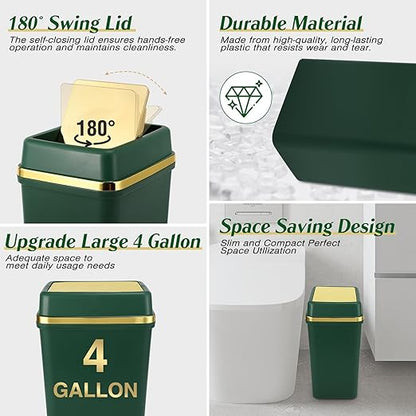 Bathroom Trash Can with Lid 4 Gallon Trash Can with Swing Lid Dark Green Small Garbage Can Bathroom Garbage Can with 150 Counts Trash Bags for Kitchen Bedroom Office