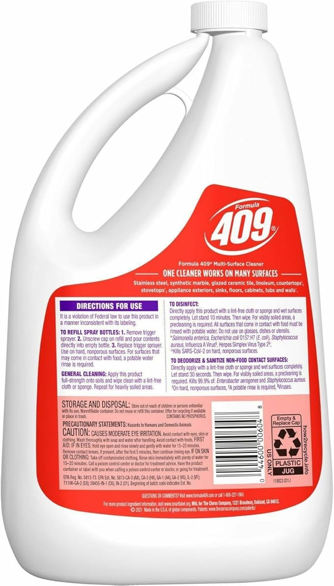 409 Multi Surface Cleaner Spray Refill, Antibacterial All Purpose Cleaner & Disinfectant Spray Kills 99.9% of Germs, Kitchen Bathroom Degreaser, 64 Oz Bottle bundled with Microfiber Cleaning Cloth