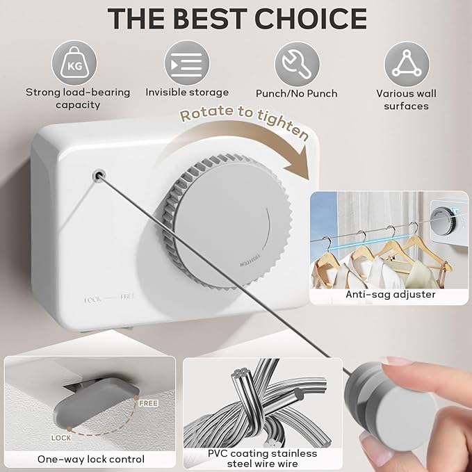 Retractable Clothesline Indoor, Clothes Line Outdoors, Clothesline with Anti-Sagging Function, 165inch Stainless Steel Clothes Drying Line, Can Be Installed in Balcony, Bathroom, Laundry Room