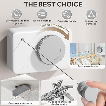 Retractable Clothesline Indoor, Clothes Line Outdoors, Clothesline with Anti-Sagging Function, 165inch Stainless Steel Clothes Drying Line, Can Be Installed in Balcony, Bathroom, Laundry Room