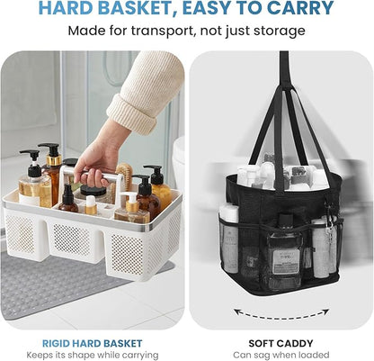 BYUNER 2Pack Plastic Shower Caddy: Portable Shower & Bathroom Caddy Tote with Handle, 4 Divided Compartments, Hard Plastic Shower Basket with All-Side Drainage for College Dorm Room Essentials