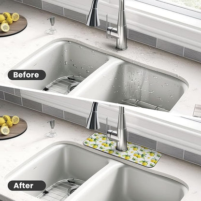 Yellow Lemon Green Leaves Kitchen Sink Splash Guard Faucet Mat Super Absorbent Fast Drying Mat Sink Gadgets-Fast Drying Pad Sink Mat For Kitchen Bathroom (15" X 5.5" )