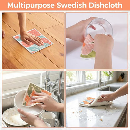 Needbrock 6 Pack Swedish Dishcloths for Kitchen,Abstract Floral Dish Towels with Clips, Reusable Paper Towels Washable Absorbent Cellulose Sponge Cloths No Odor for Cleaning Home Kitchen