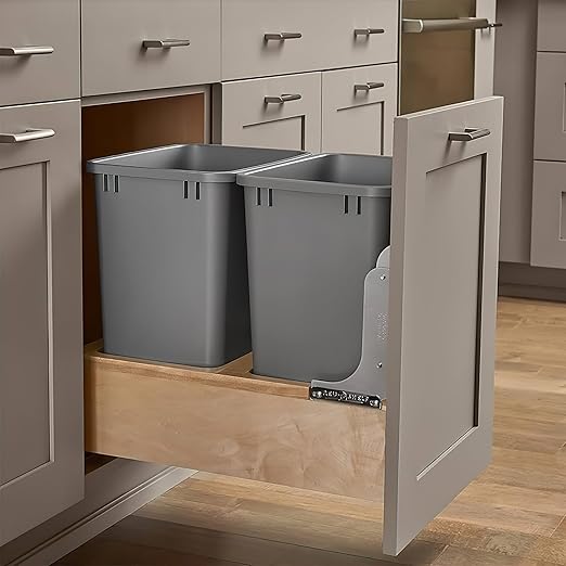 Rev-A-Shelf 35 Qt Bottom Mount Double Pullout Under Cabinet Kitchen Trash Cans for Base Cabinets, 150 Pound Rated Full-Extension Slides, Min Opening Width of 14.5", White, 4WC-18DM2