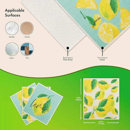 Swedish Dishcloths for Kitchen, 6 Pack Lemon Swedish Dish Towels with Clips, Reusable Paper Towels Washable Non-Scratch Super Absorbent Cellulose Sponge Cloths, Biodegradable No Odor