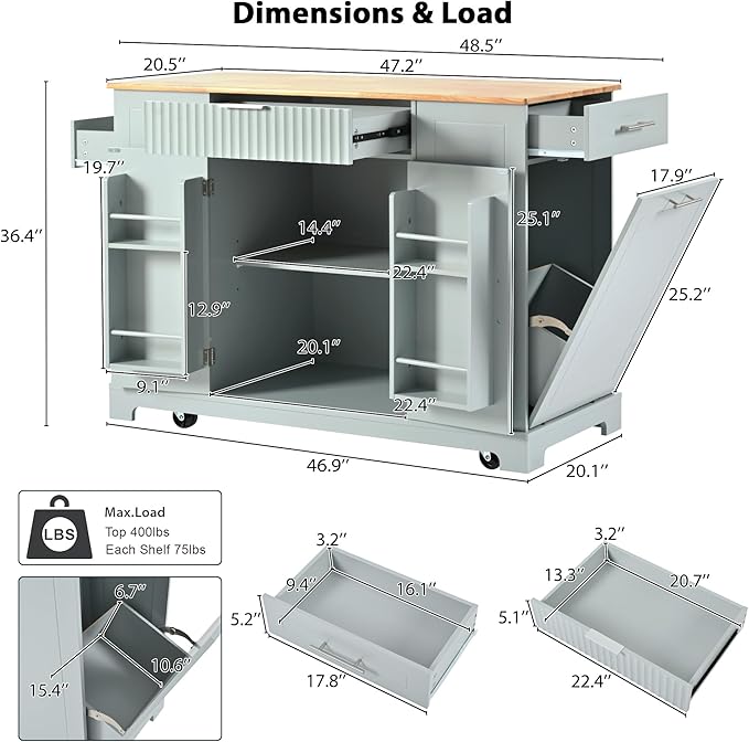 48.5" Kitchen Island with Trash Can Storage Cabinet, Power Outlet, Internal Storage Rack, Rolling Kitchen Islands Cart on 5 Wheels with 3 Drawers, 3 Open Side Racks, Grey Blue