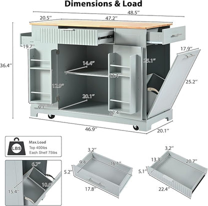 48.5" Kitchen Island with Trash Can Storage Cabinet, Power Outlet, Internal Storage Rack, Rolling Kitchen Islands Cart on 5 Wheels with 3 Drawers, 3 Open Side Racks, Grey Blue