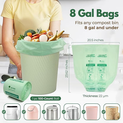 AIRNEX Compostable Kitchen Trash Bags 8 Gal - Cornstrarch Leakproof & Tear Resistant 100 Compost Bags - OK Compost Home & Seedling Certified 0.22 mm Kitchen Garbage Bags