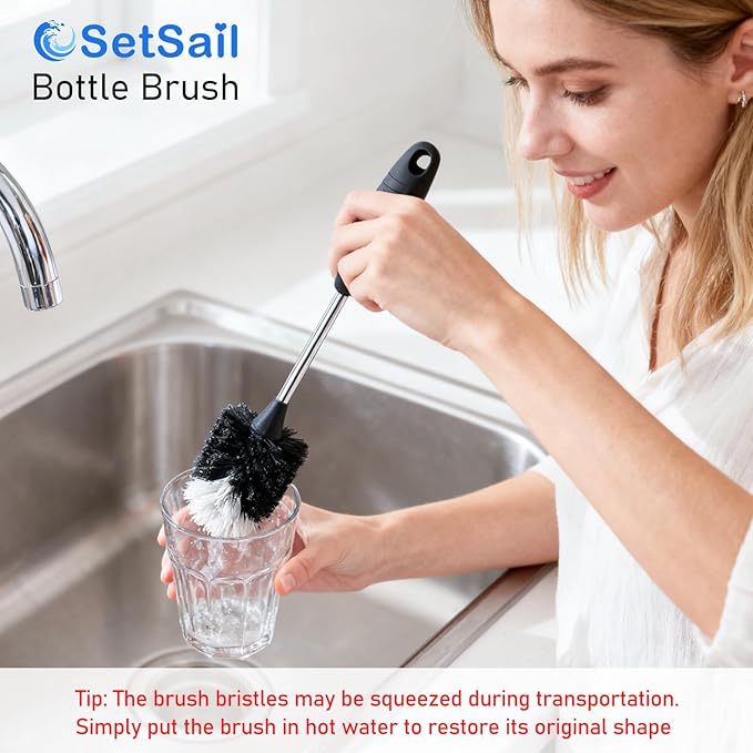 SetSail Bottle Brush of 3 Pack, 14-in Long Stainless Steel Handle Water Bottle Cleaner Brush Non-Slip Grip Bottle Brushes for Cleaning Water Bottles Sport Bottles Coffee Mugs Glasswares Cups, Black