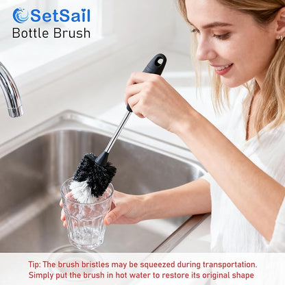 SetSail Bottle Brush of 3 Pack, 14-in Long Stainless Steel Handle Water Bottle Cleaner Brush Non-Slip Grip Bottle Brushes for Cleaning Water Bottles Sport Bottles Coffee Mugs Glasswares Cups, Black