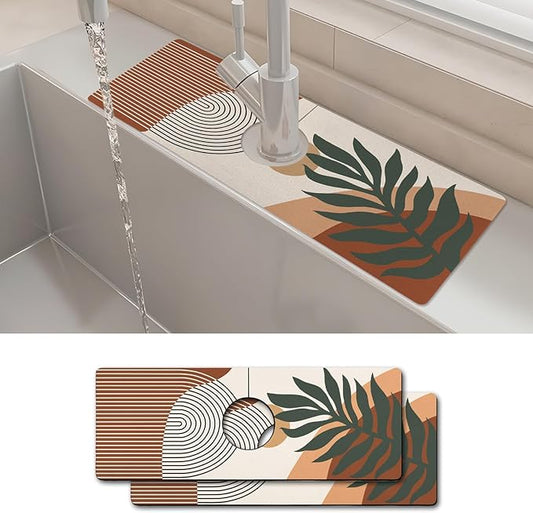 2PCS 15" X 5.5" Kitchen Sink Splash Guard Faucet Mat Boho Super Absorbent Fast Drying Faucet Guard & Draining Mat Sink Splash Guard Behind Faucet for Kitchen, Bathroom