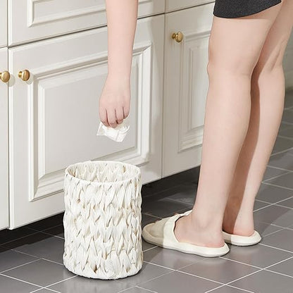 Ctosree 1.3 Gallons Small Trash Can with Lid Handle Boho Woven Braided Bathroom Waste Basket Trash Can with 100 Garbage Bags for Bedroom Office Laundry(Braided Polypropylene, Cream White)