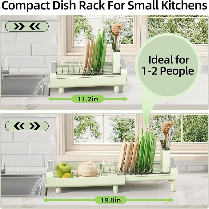 TOOLF Small Dish Drying Rack, Mini Expandable Compact Dish Rack, Slim Extendable Stainless Steel Dish Drainer for Kitchen Countertop, Space Saving Dish Strainer, Soft Celery Green