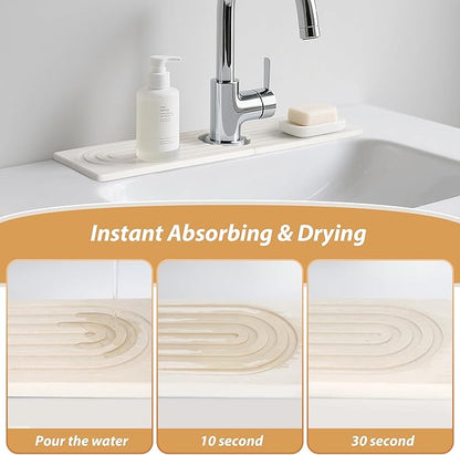 Kitchen Sink Faucet Mat, Diatomaceous Earth Quick Dry Sink Splashback Drying Mat, Kitchen Faucet Super Absorbent Mat, Quick-Drying Water Absorbing Stone Tray (White, 15.7" x 3.9")