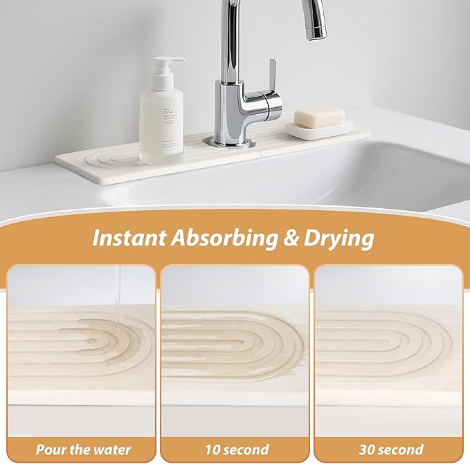 Kitchen Sink Faucet Mat, Diatomaceous Earth Quick Dry Sink Splashback Drying Mat, Kitchen Faucet Super Absorbent Mat, Quick-Drying Water Absorbing Stone Tray (White, 23.6" x 3.9")