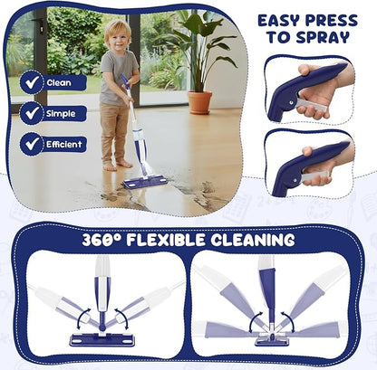 Kids Spray Mop - Chores Chart Set Montessori Cleaning Toy Set with Real Water Sprayer 2PCS Washable Pads and 10PCS Disposable Mop Pads for Ages 3-8 (Blue)
