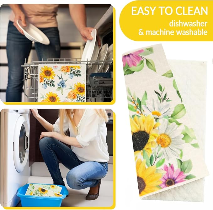 6 - Pack Swedish Kitchen Dish Cloths - Reusable Paper Towels for Counters & Dishes - Eco Friendly Cellulose Sponge Cloth (Sunflower)