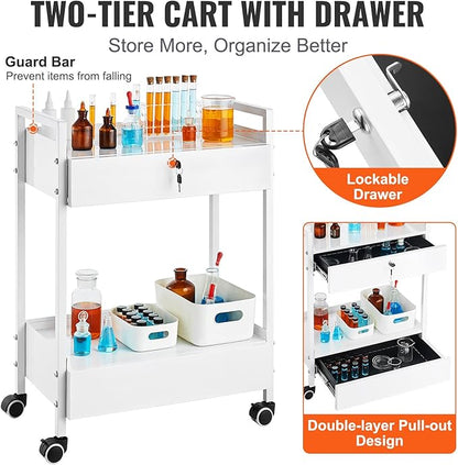 VEVOR Lab Cart, 2 Tiers Stainless Steel Utility Cart, Medical Cart with 2 Drawers, Rolling Lab Cart White Paint, Serving Cart with Swivel Casters for Laboratory, Hospital, Dental, Salon and Beauty