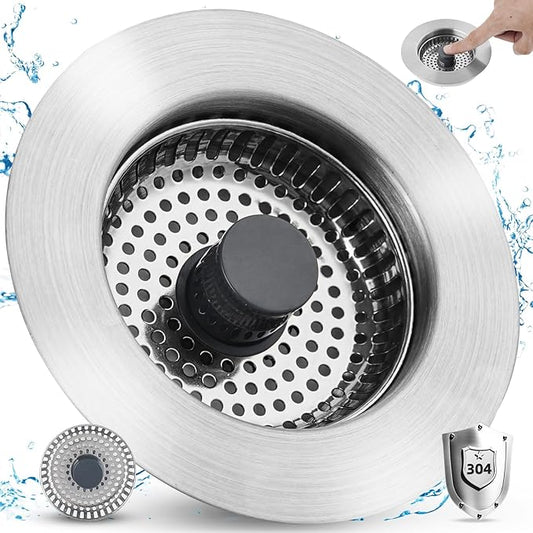 Hygie Rinse All Metal Sink Drain Strainer for Kitchen Sink Pop Up 3-in-1 Sink Stopper Drainer, 304 Stainless Steel Basket with Handle Rod for US Standard 3-1/2 inch Drain Filter, Anti-clog