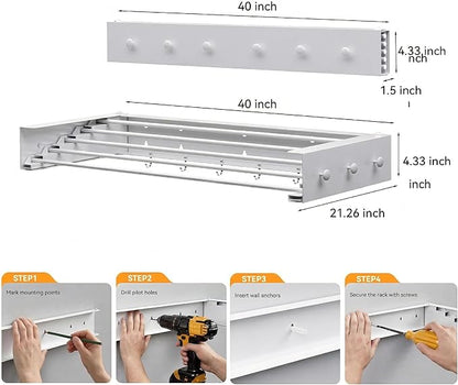 Extra Wide 40" Laundry Drying Rack Wall Mount - Retractable Clothes Drying Rack with 6 Hooks & 6 Knobs, Heavy Duty 60LBS Metal Airer, Large Foldable Wall Hanger for Indoor
