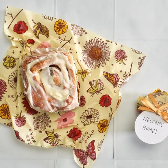 Bee's Wrap Beeswax Wraps for Food - 3 Pack of Assorted Beeswax Wraps - Small, Medium & Large Wrap - Plastic Free Made in USA Reusable Natural Food Wrap - Meadow Magic Print