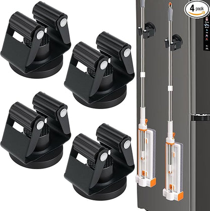 4PCS Magnetic Broom Mop Holder Wall Mount,No Drill Tool Organizer With Anti-Slip Rollers for Garage Kitchen RV Home Laundry Workshop, Anti-Rust Clips No Damage Installation (Black 4pcs)