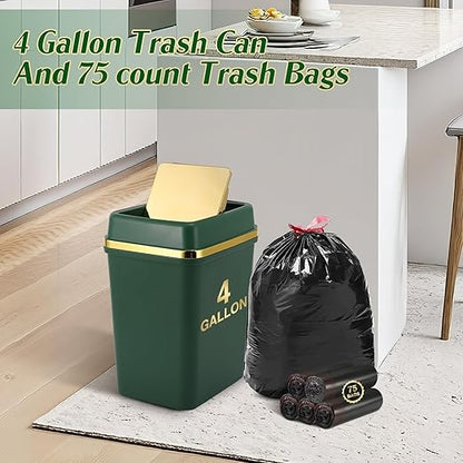 3 Pack Bathroom Trash Can with Lid 4 Gallon Small Trash Can with Swing Lid Bathroom Garbage Can with 225 Counts Trash Bags for Kitchen Bedroom Office(Black Navy Blue Dark Green)