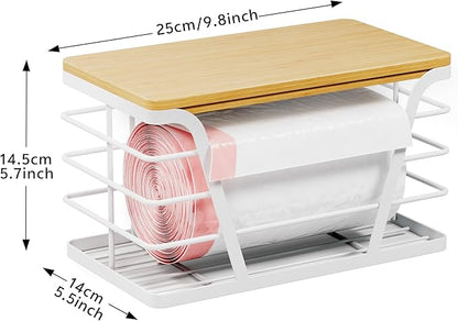 TIDIIABODE Small Grocery Bag Holder, Trash Bag Dispenser with Removable Bamboo Top, No Drill,White