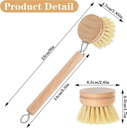 Kifmurase Bamboo Dish Brush with Handle, 10 Pcs Replacement Heads Wooden Kitchen Brush for Dishes, Vegetable Brushes Dish Scrubber for Cleaning Kitchen Room Vegetable Pots and Pans