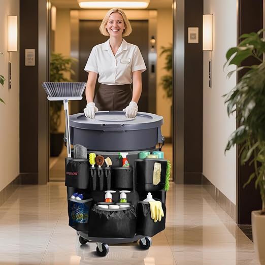 Hongmed Trash Can Caddy Bag: 1680D Fabric Heavy-Duty Cleaning Caddy with Adjustable Buckle fits 32-55 gal Trash Can, Multi-Pockets Cleaning Tool Organizer for House Cleaners & Janitorial Duties