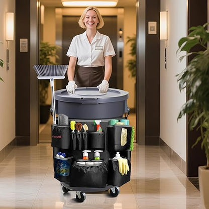 Hongmed Trash Can Caddy Bag: 1680D Fabric Heavy-Duty Cleaning Caddy with Adjustable Buckle fits 32-55 gal Trash Can, Multi-Pockets Cleaning Tool Organizer for House Cleaners & Janitorial Duties
