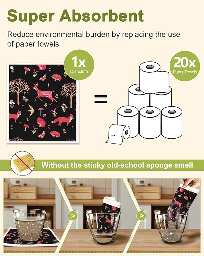 Miss Adola Swedish Dishcloths for Kitchen - 5 Pack Reusable Dish Cloths for Washing Dishes Absorbent Cute Funny Kitchen Towels Cleaning Sponge, Animal Forest