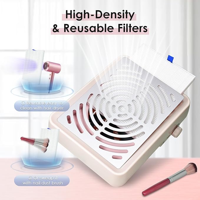Nail Dust Collector with Lamp&50pcs Disposable Filter&Dusting Brush, Electric Nail Vacuum Cleaner Dust Fan Suction Machine for Manicure Acrylic Gel Nails Polishing, Low Noise,Salon Home