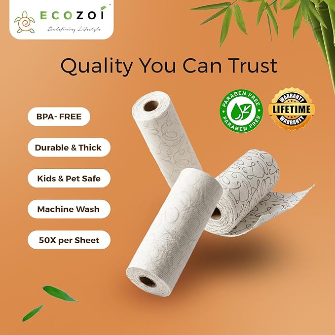 Ecozoi Bamboo Rayon Reusable Towels - 4 Pack | Equivalent to 80 Regular Rolls | 70% Rayon from Bamboo and 30% Cotton Kitchen Paper Rolls | 50 Times More Usage than Regular Paper Rolls