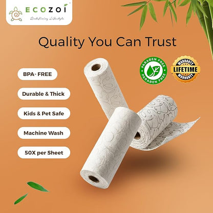 Ecozoi Bamboo Rayon Reusable Towels - 4 Pack | Equivalent to 80 Regular Rolls | 70% Rayon from Bamboo and 30% Cotton Kitchen Paper Rolls | 50 Times More Usage than Regular Paper Rolls
