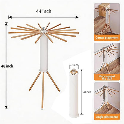 Clothes Drying Rack Tripod, Floor Standing Laundry Drying Rack, Portable & Foldable with 16 Wooden Poles Space-Saving Drying Rack for Laundry, Retractable Collapsible for Balcony Bedroom
