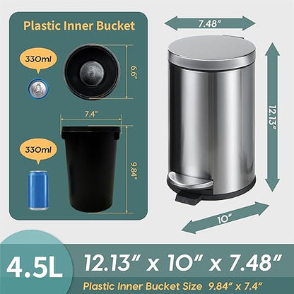 SunnyPoint 4.5 Liter(1.2 Gallon) Small Round Trash Can with Plastic Inner Bucket; Bathroom, Office, Kitchen and Bedroom Step On and Slow Close (S.N)