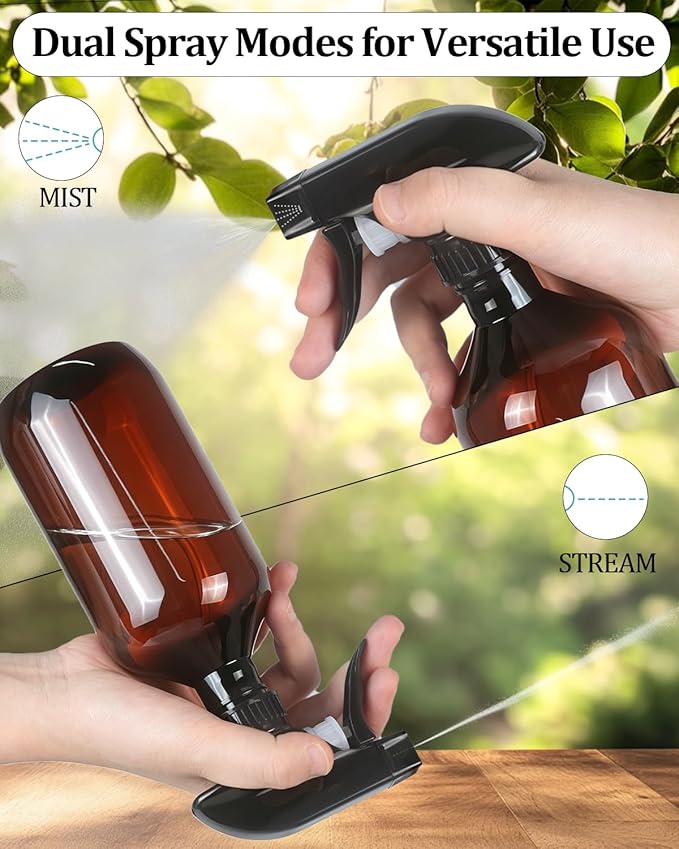 2 Pack 360° Spray Bottles, 16 oz Plastic Small Containers with Adjustable Spray Nozzles, Spray Bottles for Hair, Cleaning Solutions, BBQ and Plants Amber&Clear
