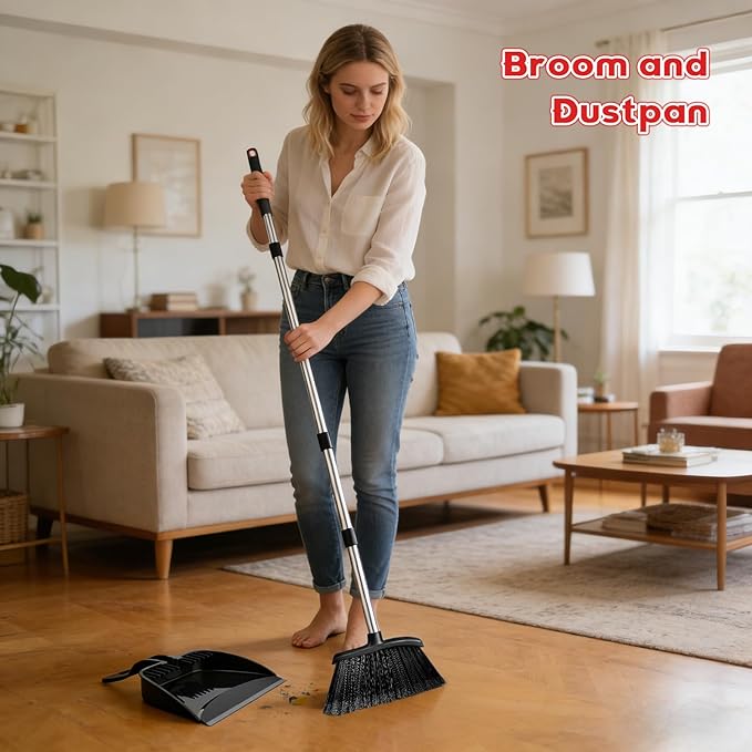 Broom and Step-on Dustpan Set, 59-in Adjustable Long Handle Broom with Dustpan Combo Set Outdoor Angle Broom for Sweeping Indoor Dust Pet Hair for Cleaning Kitchen Garage Deck Patio, Black