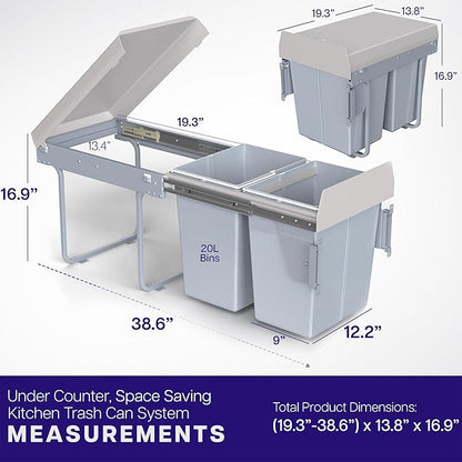 Life Finds 40L Under Counter Pull-Out Dual Trash Can System, Double Recycling Trash Can with Lid for Cabinet, Sliding Kitchen Waste Bin, Gray, LF-POTC2