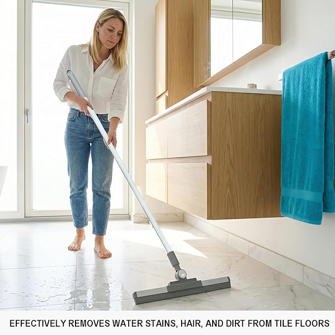 Floor Squeegee Broom - 52" Long Handle Rubber Scrubber for Bathroom, Tile, Shower, Glass, Pet Hair, Hardwood Floor - Adjustable Long Handle, Water Wiper with Replacement Blade (White)