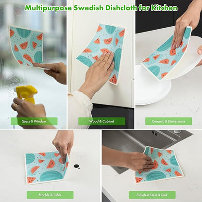 Swedish Dishcloths for Kitchen, 6 Pack Fruit Swedish Dish Towels with Clips, Reusable Paper Towels Washable Non-Scratch Super Absorbent Cellulose Sponge Cloths, Biodegradable No Odor