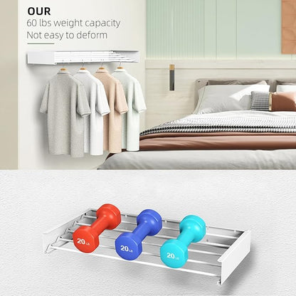 Laundry Drying Rack, Collapsible Wall Mounted Clothes Drying Rack - Drying Rack Clothing Foldable,Space Saving, 31" Wide, 13.2 Linear Ft, 5 Aluminum Rods, 60 lb Capacity (White, 31")