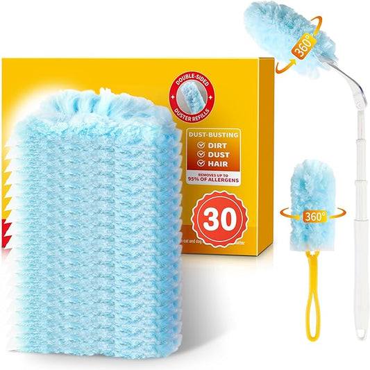 30 Count Duster Refills for Swiffer Duster with Extension Pole, Multisurface 360 Dusters with 3ft and 1 Short Handle, Disposable Dusters for Cleaning Furniture Blinds Fans Wall (Storage Bag Included)